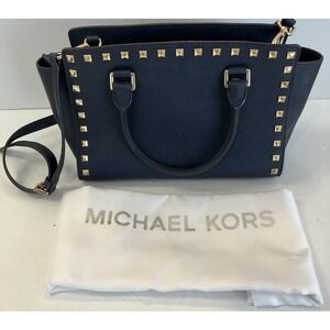 Michael Kors Selma Gold Studded Saffiano Navy Blue Leather Satchel Shoulder/ Bag
